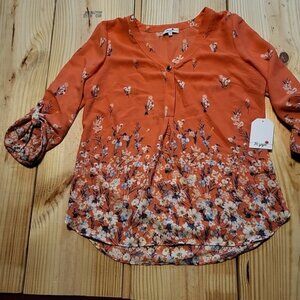 Poppi Roll Tab Sleeve Floral Blouse Size Small NWT Summer Casual Coral Pink
